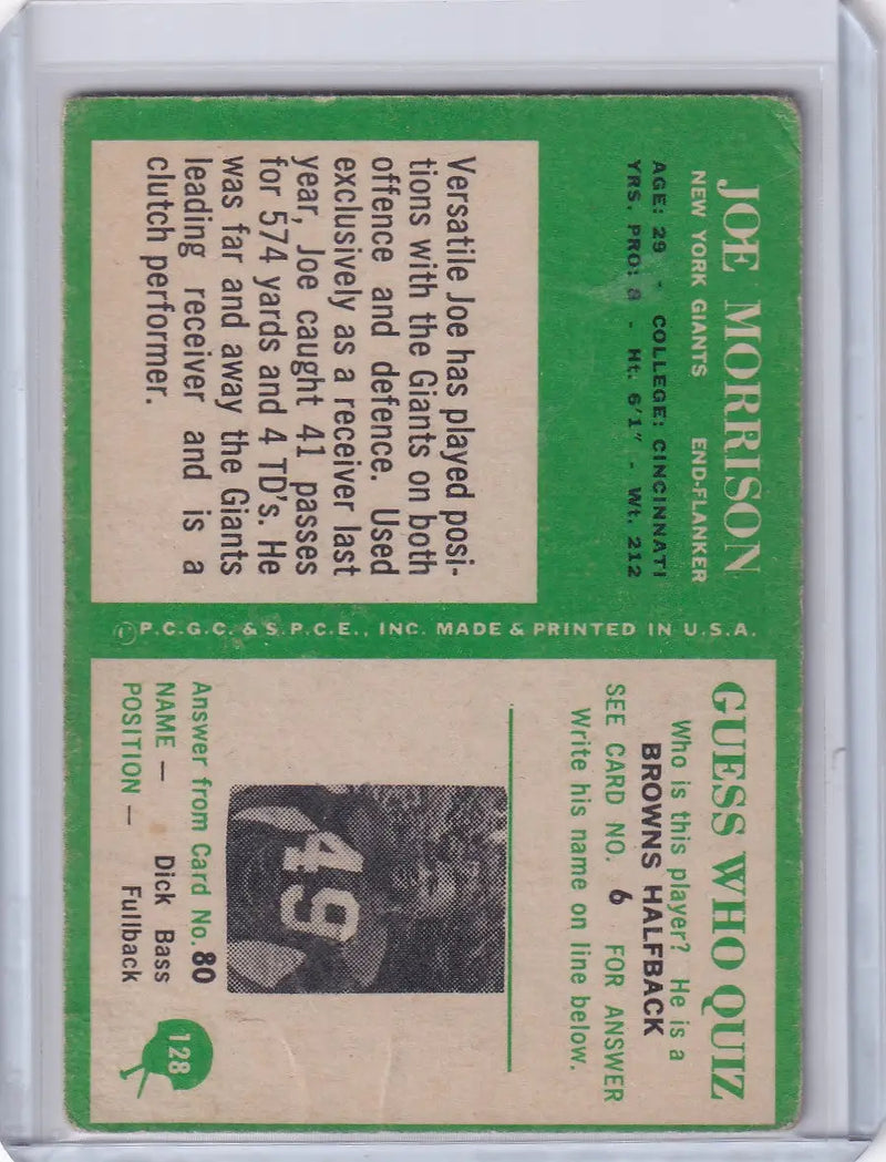 1966 Philadelphia Football #128 Joe Morrison - New York Giants - Football Card Single