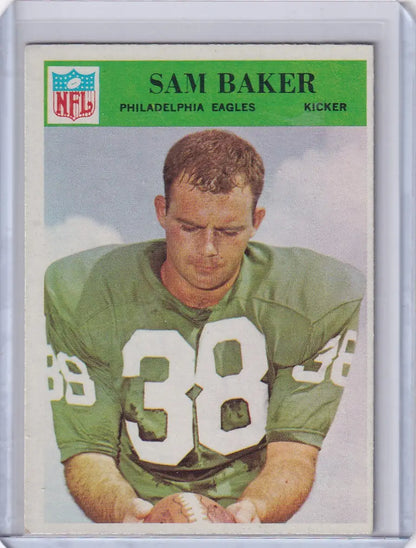 Philadelphia football card of Sam Baker from the Philadelphia Eagles 1966 product