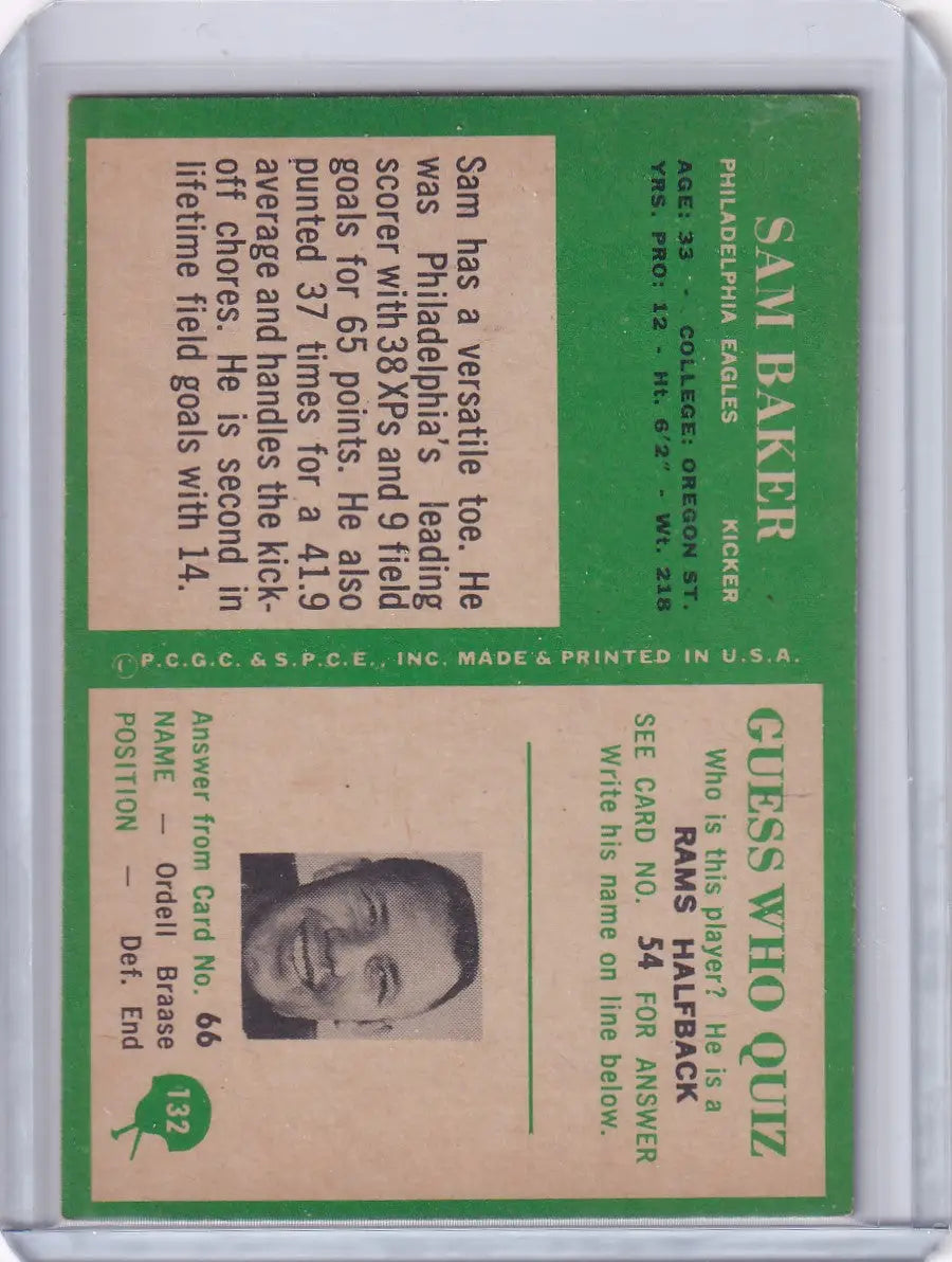 1966 Philadelphia Football #132 Sam Baker - Philadelphia Eagles