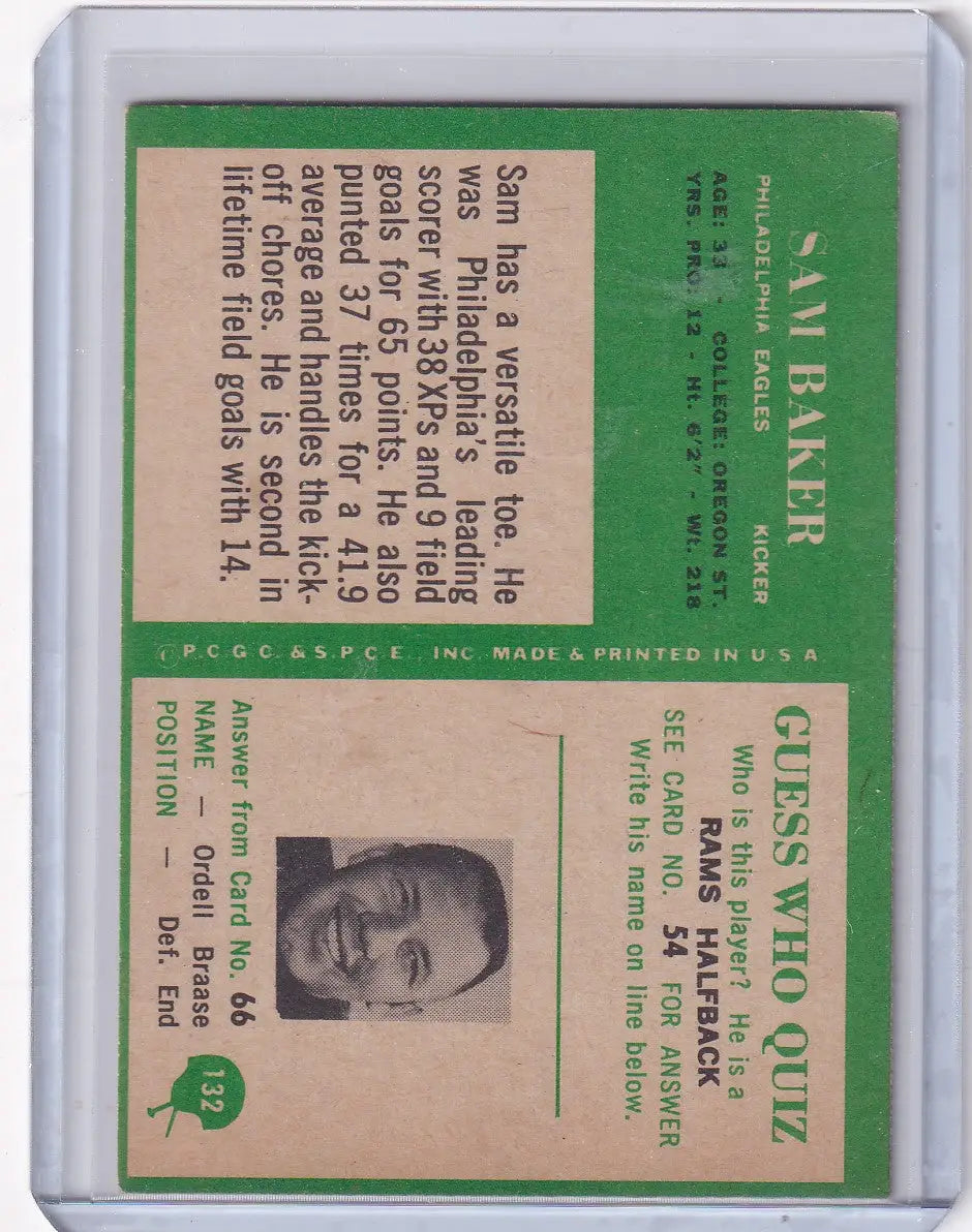 Vintage football card of Sam Baker from 1966 Philadelphia Eagles, showcasing Philadelphia football memorabilia