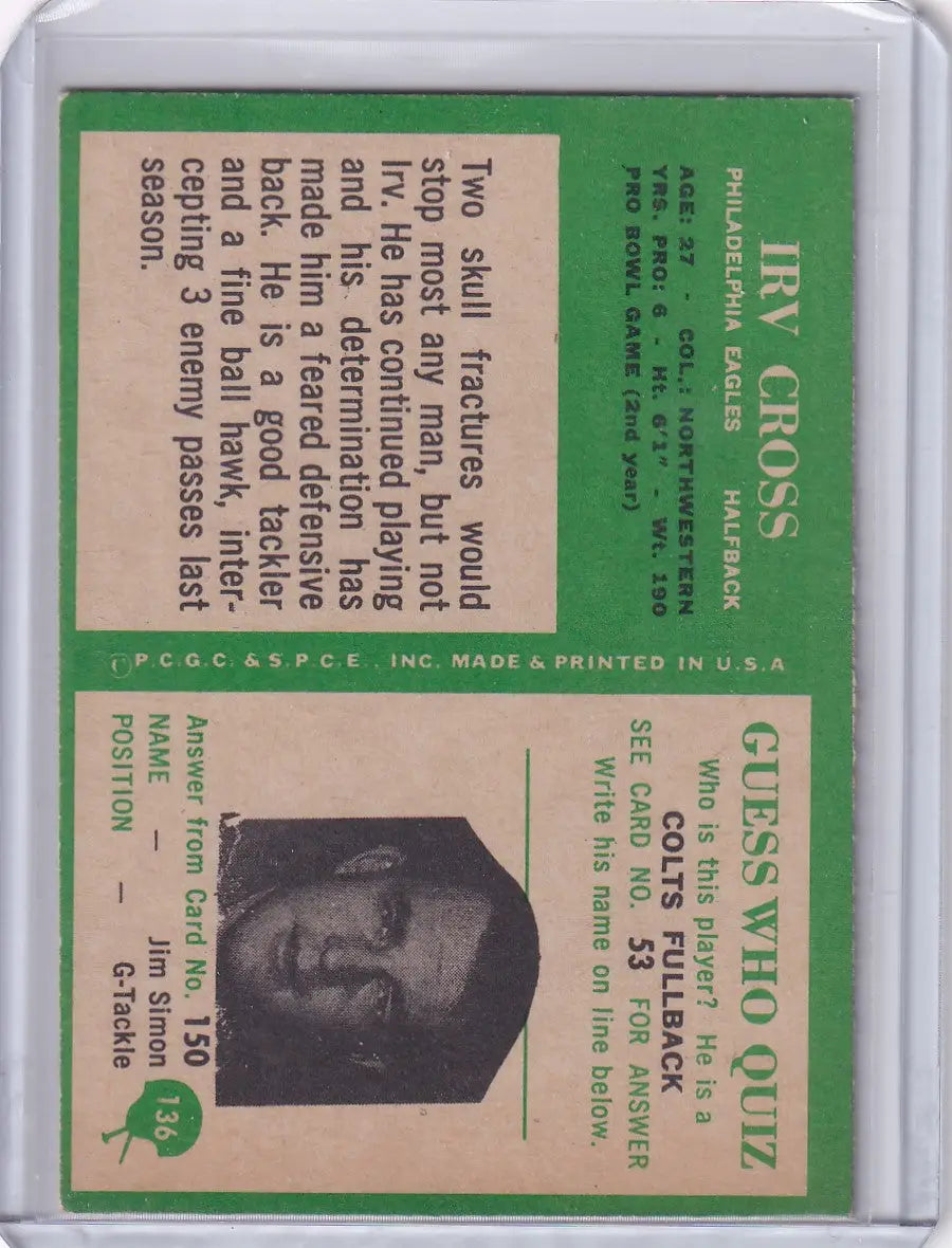 1966 Philadelphia Football Irv Cross card featuring Philadelphia Eagles player