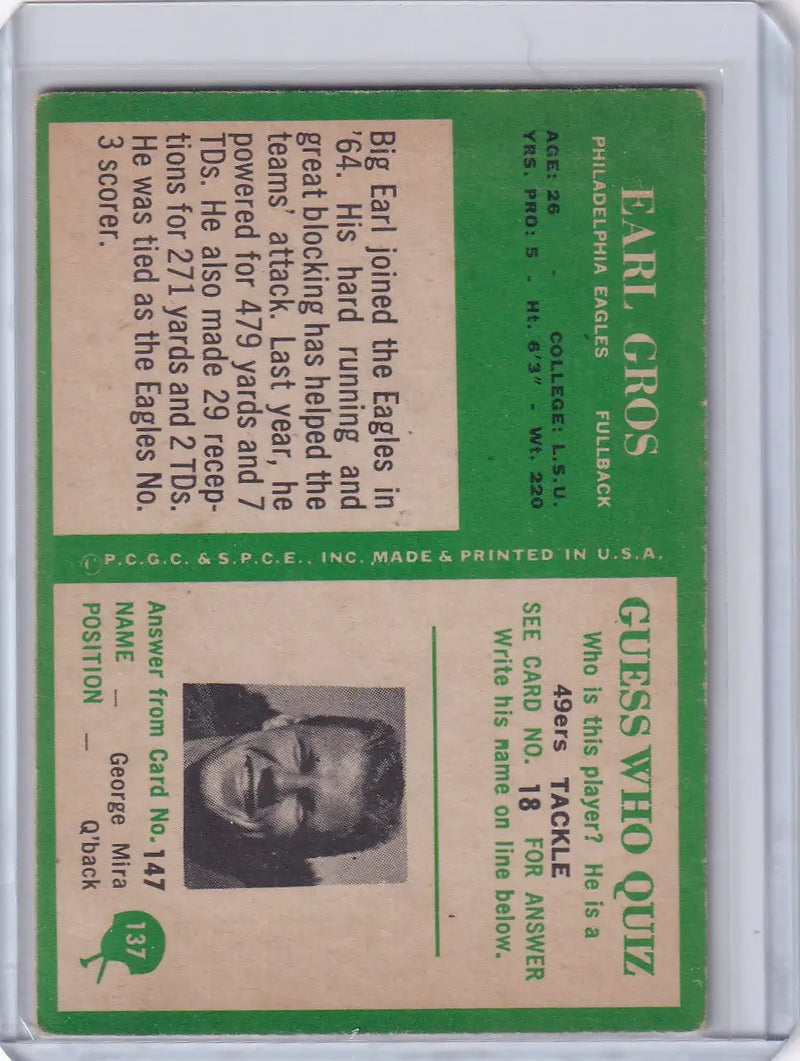 1966 Philadelphia Football #137 Earl Gros - Philadelphia Eagles - Football Card Single