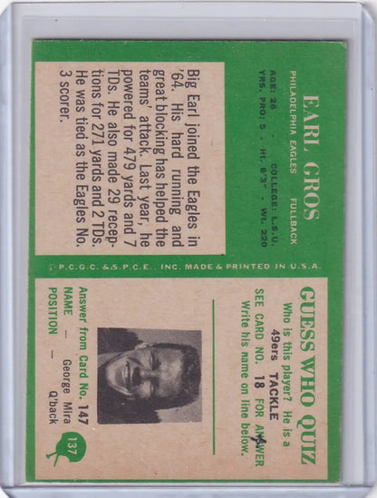 Vintage Philadelphia football card featuring Earl Gros of the Philadelphia Eagles from 1966