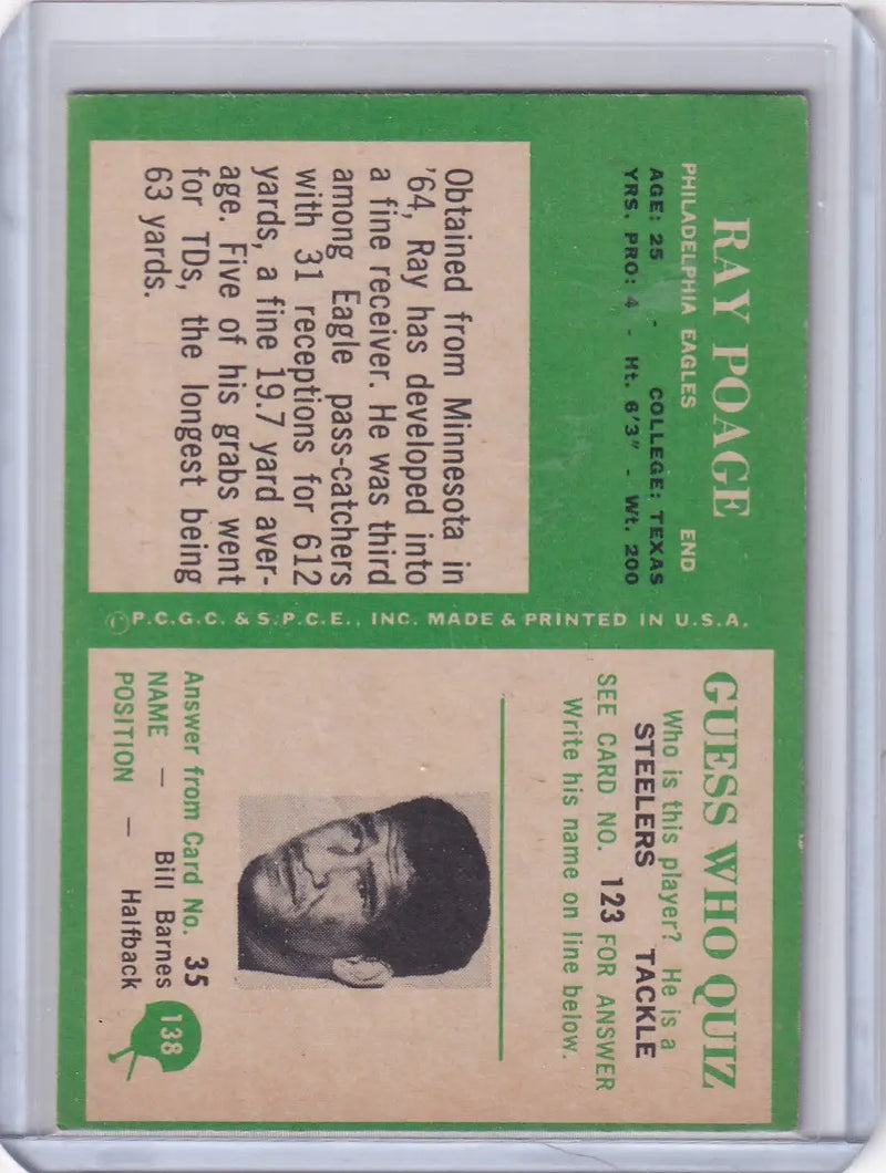 1966 Philadelphia Football #138 Ray Poage - Philadelphia Eagles