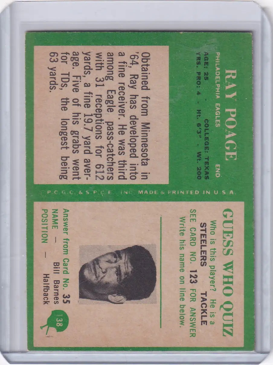 Vintage football card of Ray Poage from the 1966 Philadelphia Eagles football team