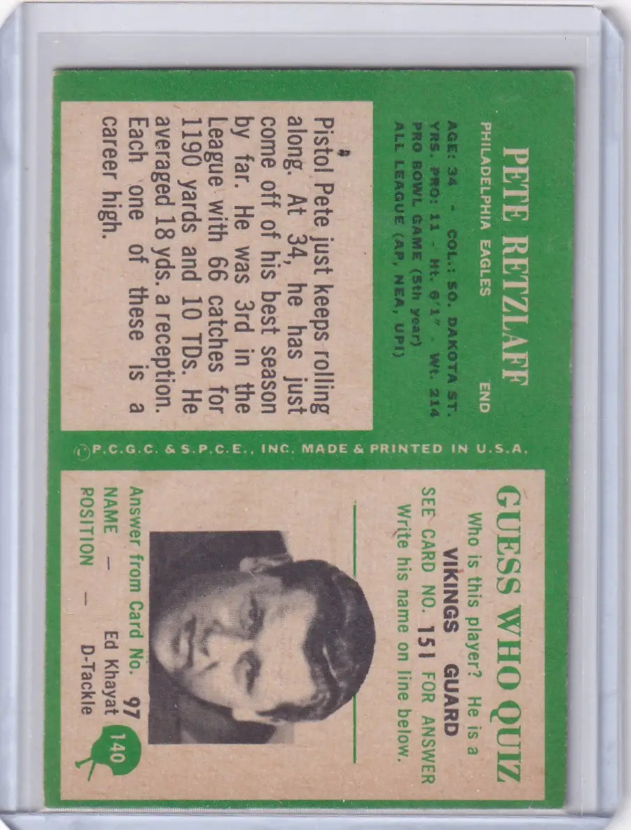Vintage Philadelphia football card featuring Pete Retzlaff of the Philadelphia Eagles