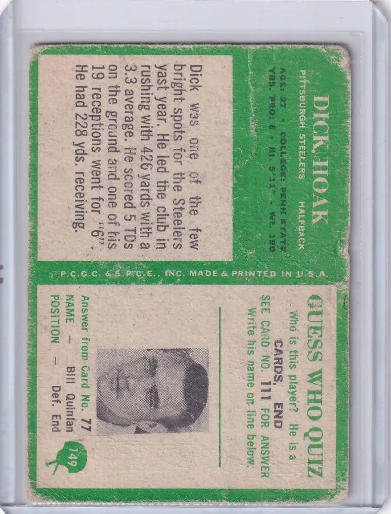 1966 Philadelphia Football #149 Dick Hoak - Pittsburgh Steelers RC - Football Card Single