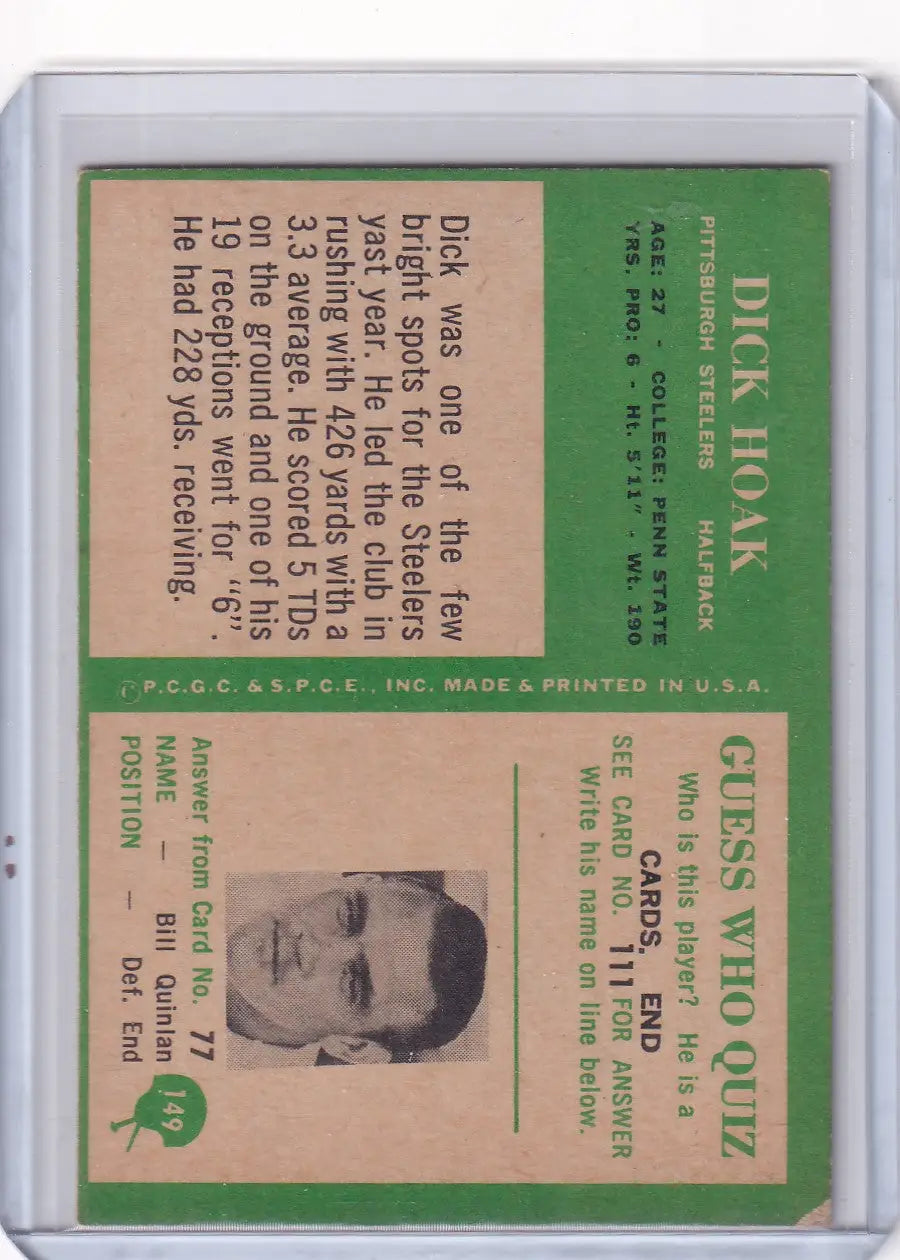 1966 Philadelphia Football #149 Dick Hoak - Pittsburgh Steelers RC