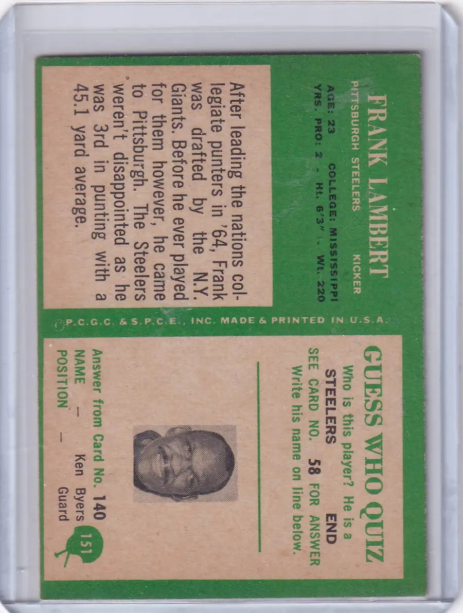 Vintage Philadelphia Football card featuring Frank Lambert of the Pittsburgh Steelers 1966