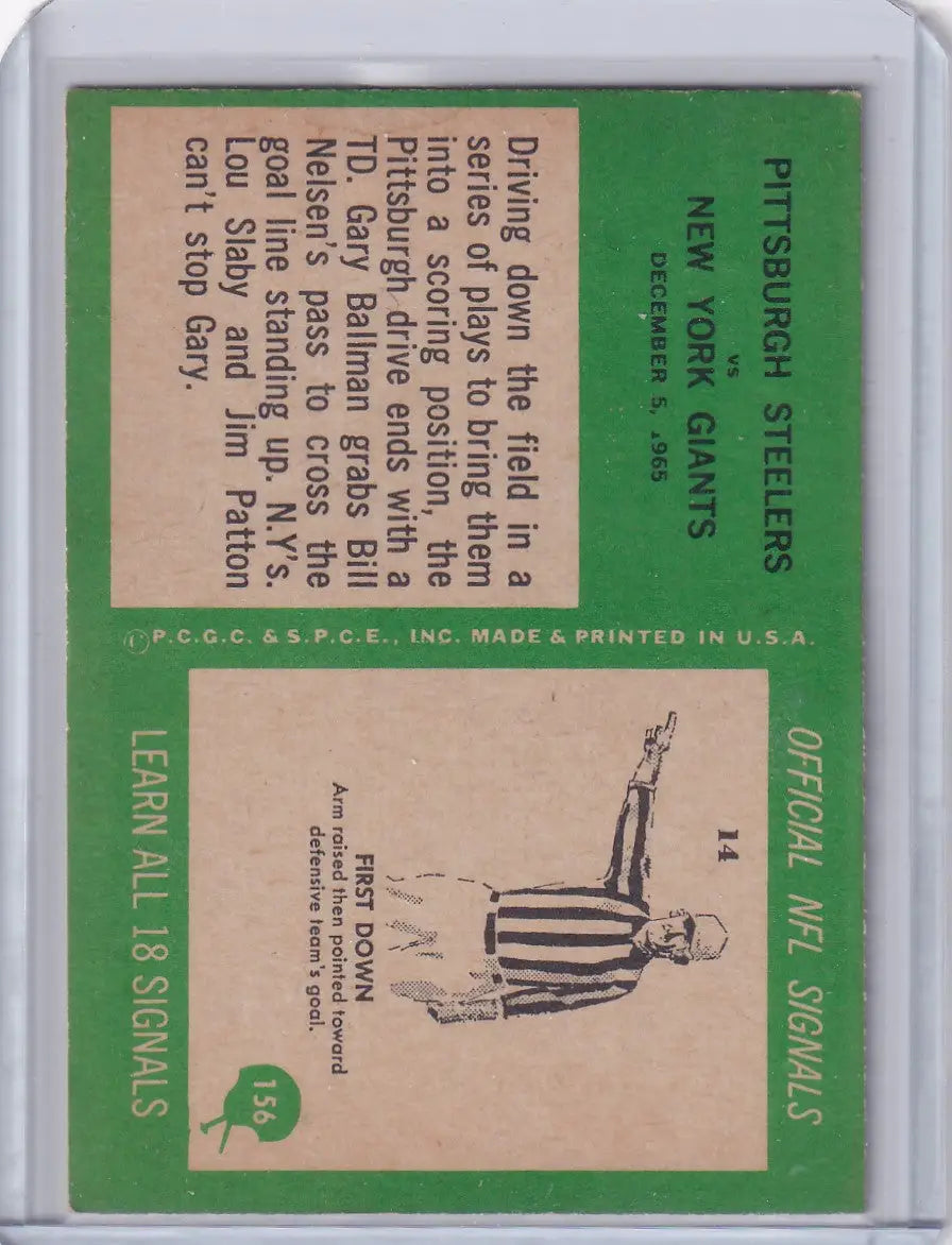 Vintage 1965 NFL football card featuring Steelers play with Gary Ballman and referee signal