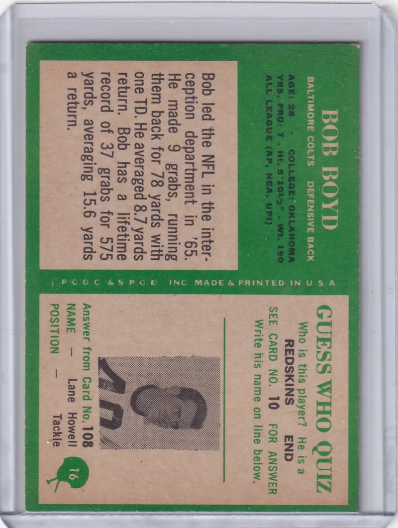 1966 Philadelphia Football #16 Bob Boyd - Baltimore Colts