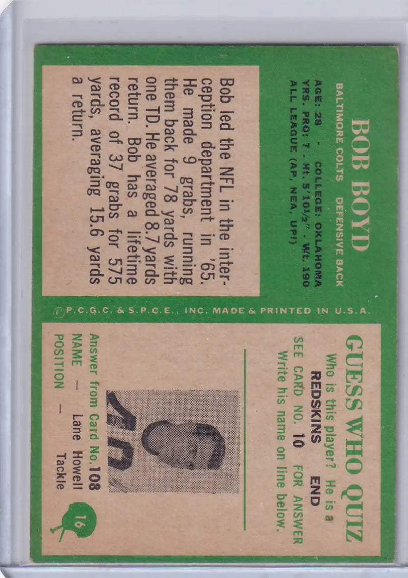 1966 Philadelphia Football #16 Bob Boyd - Baltimore Colts