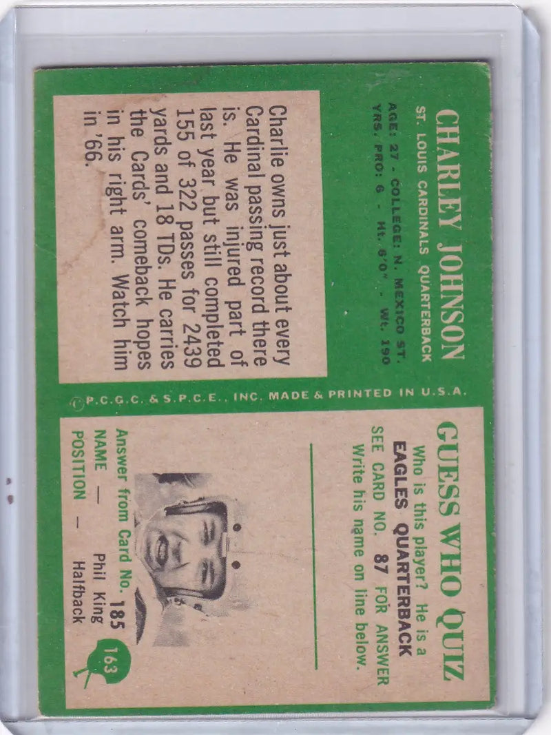 1966 Philadelphia Football #163 Charley Johnson - St. Louis Cardinals