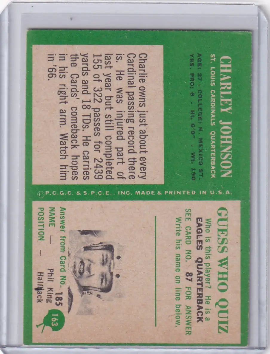 Vintage Philadelphia Football card back featuring Charley Johnson of the St. Louis Cardinals