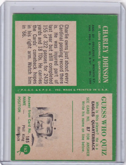 Vintage Philadelphia Football card back featuring Charley Johnson of the St. Louis Cardinals