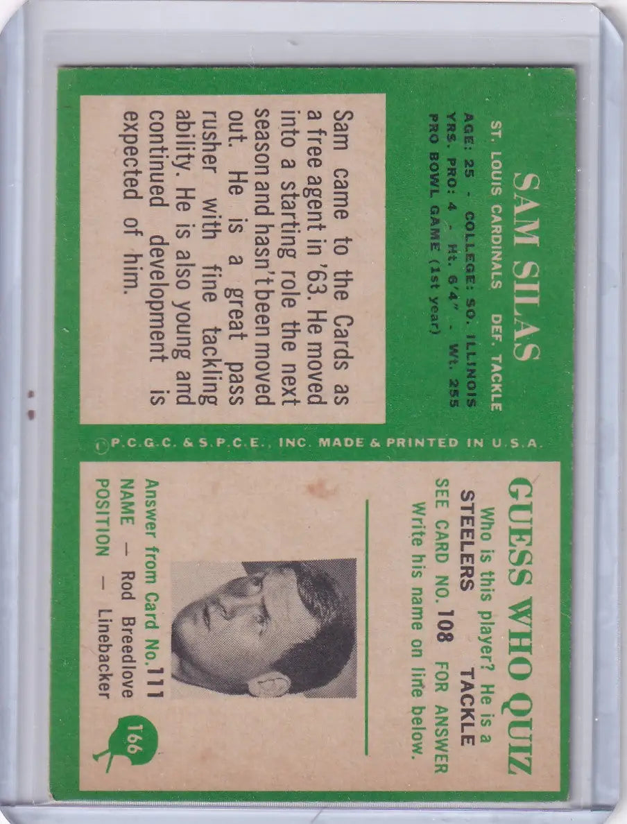 Vintage Philadelphia Football card featuring Sam Silas of the St. Louis Cardinals