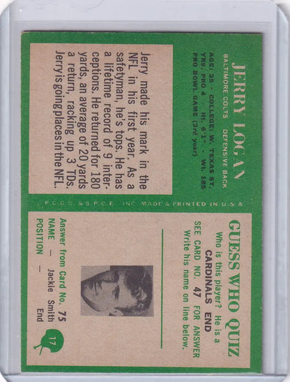 Vintage Jerry Logan football card from the 1966 Philadelphia Football series featuring Baltimore Colts