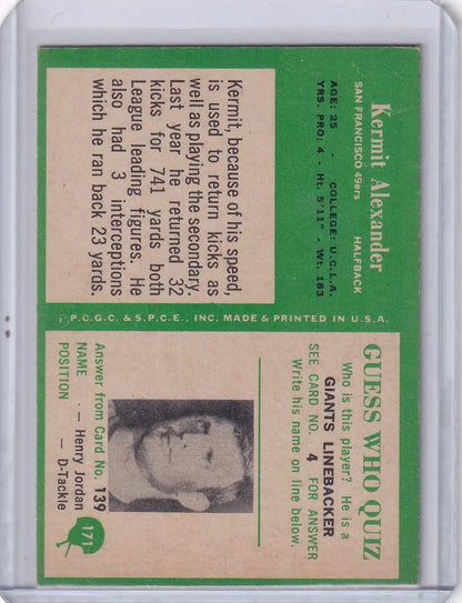 Vintage football card featuring Kermit Alexander of the San Francisco 49ers from Philadelphia Football