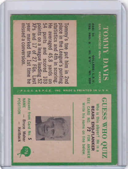Vintage football card of Tommy Davis from the 1966 Philadelphia Football series featuring San Francisco 49ers