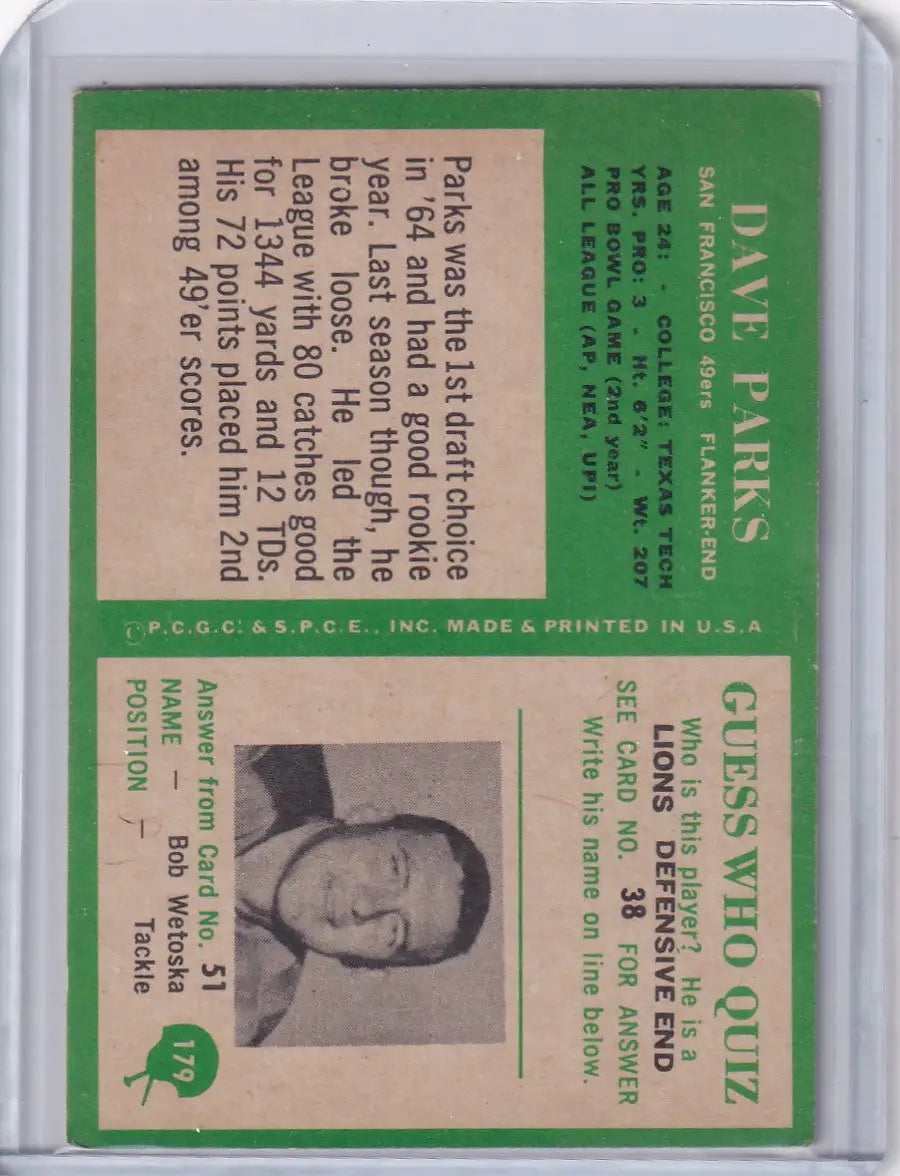 Vintage football card of Dave Parks from the 1966 Philadelphia Football #179 San Francisco 49ers series
