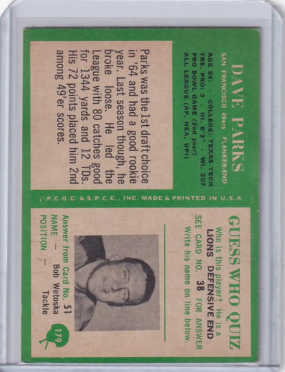 Vintage football card of Dave Parks from the 1966 Philadelphia Football #179 San Francisco 49ers series