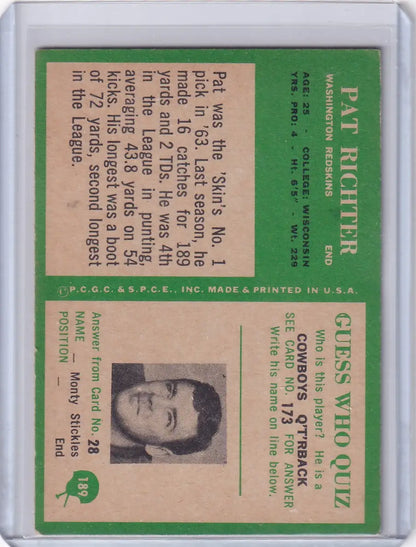 Vintage Pat Richter football card from 1966 Philadelphia Football Washington Redskins RC