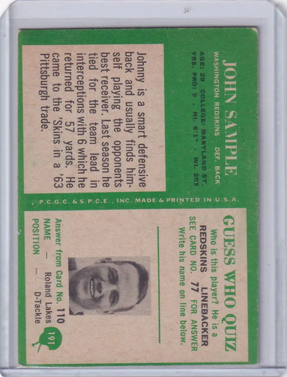 Vintage Philadelphia Football card featuring Johnny Sample of the Washington Redskins from 1966