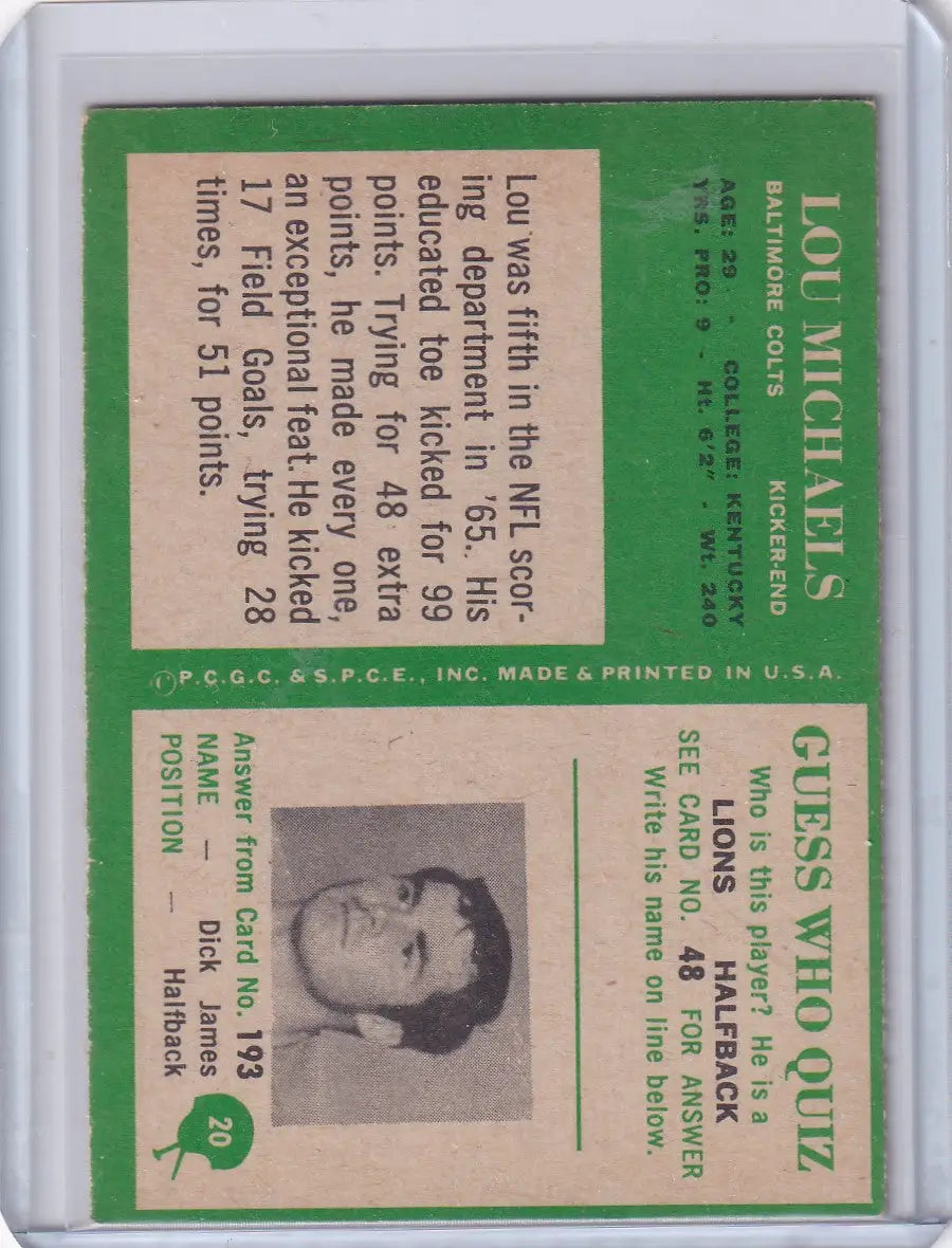 Vintage Philadelphia football card featuring Lou Michaels of the Baltimore Colts