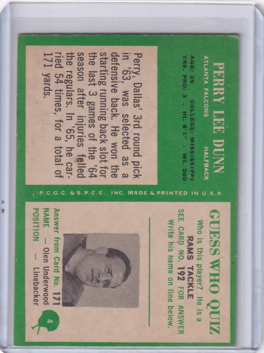 Vintage Perry Lee Dunn Philadelphia Football card from 1966 Atlanta Falcons RC