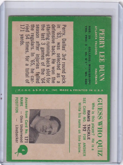 Vintage Perry Lee Dunn Philadelphia Football card from 1966 Atlanta Falcons RC