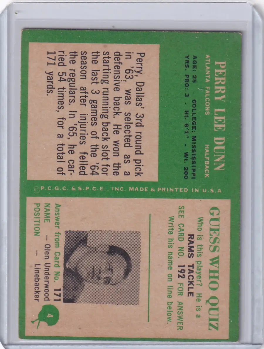 1966 Philadelphia Football #4 Perry Lee Dunn - Atlanta Falcons RC - Football Card Single
