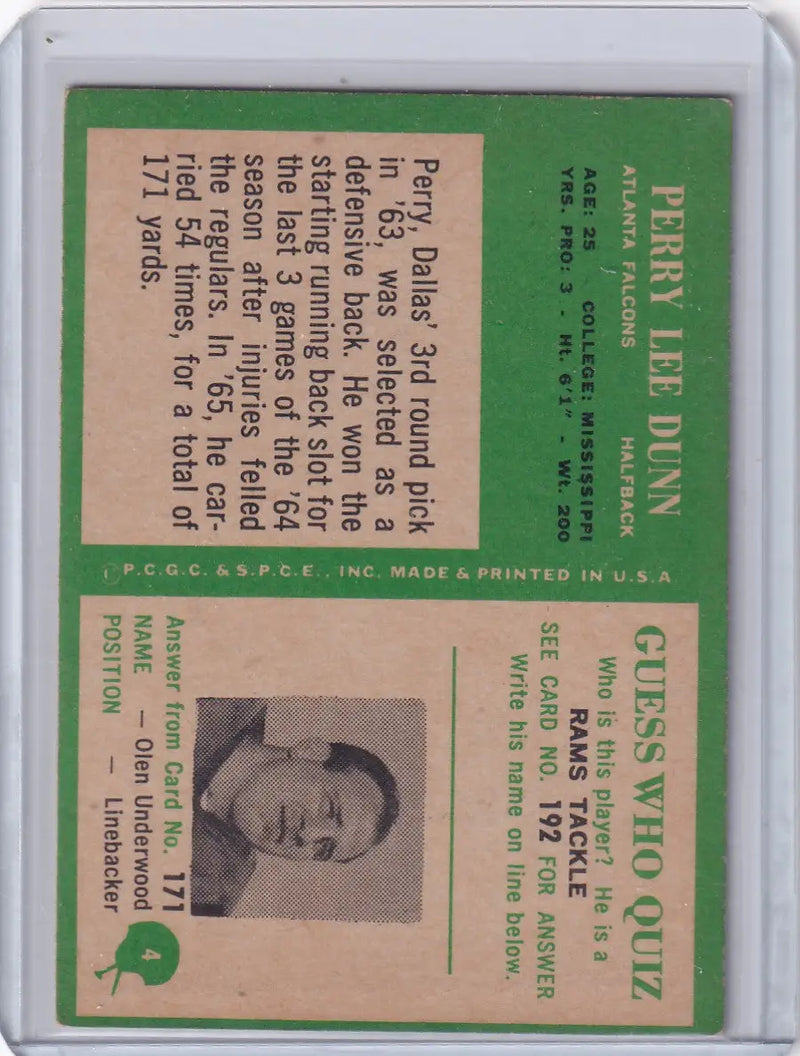 1966 Philadelphia Football #4 Perry Lee Dunn - Atlanta Falcons RC - Football Card Single