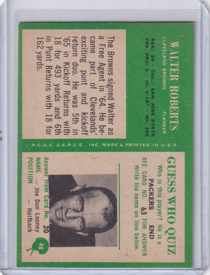 Vintage Philadelphia football card featuring Walter Roberts of the Cleveland Browns