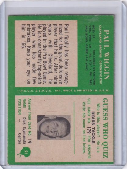 Vintage Philadelphia football card featuring Paul Wiggin from the Cleveland Browns team