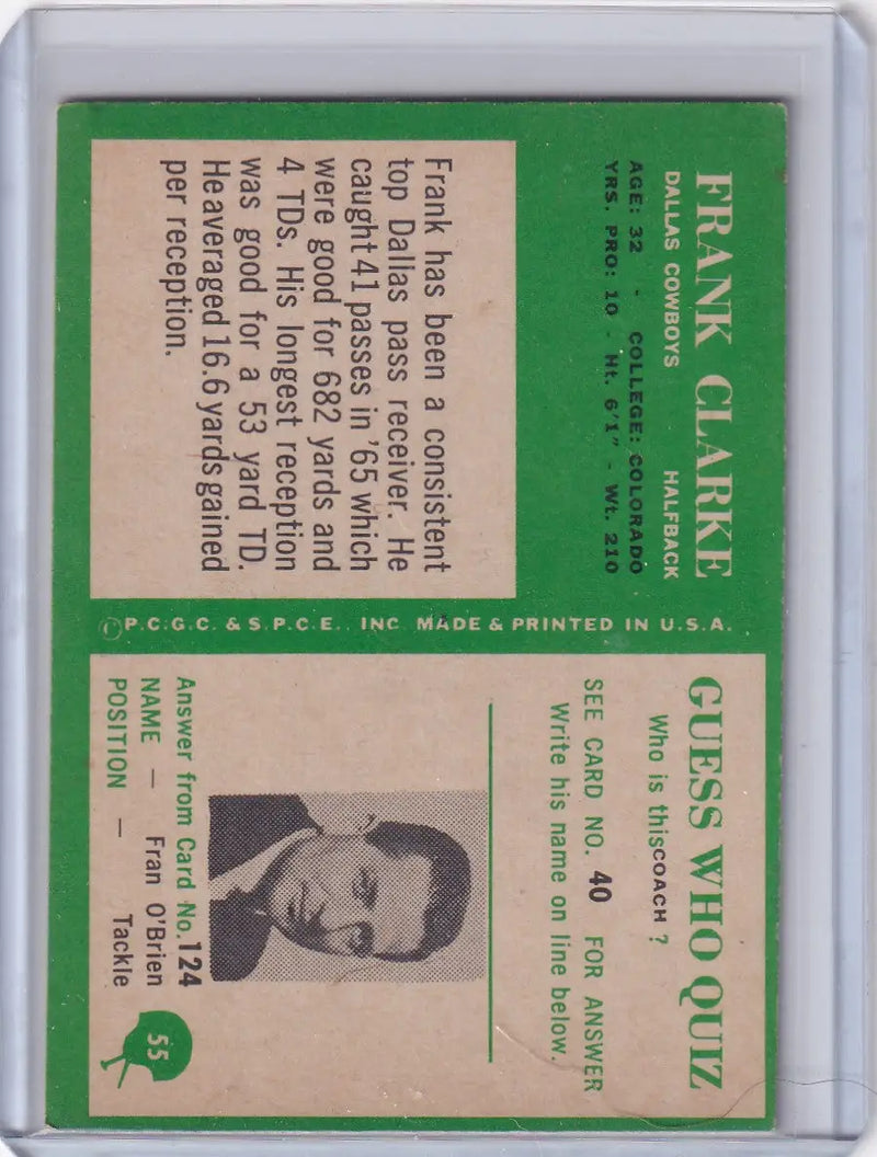 1966 Philadelphia Football #55 Frank Clarke - Dallas Cowboys - Football Card Single