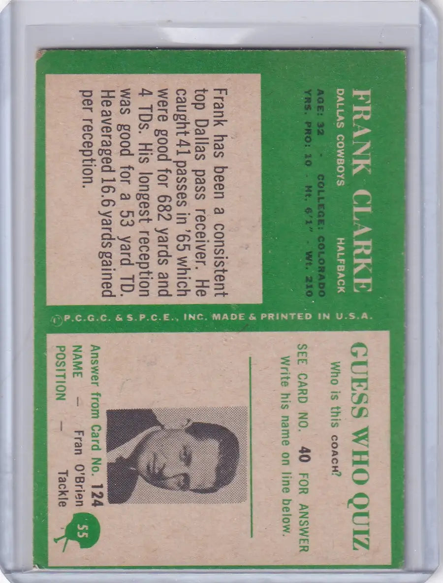 Vintage Philadelphia Football Frank Clarke Dallas Cowboys football card 1966