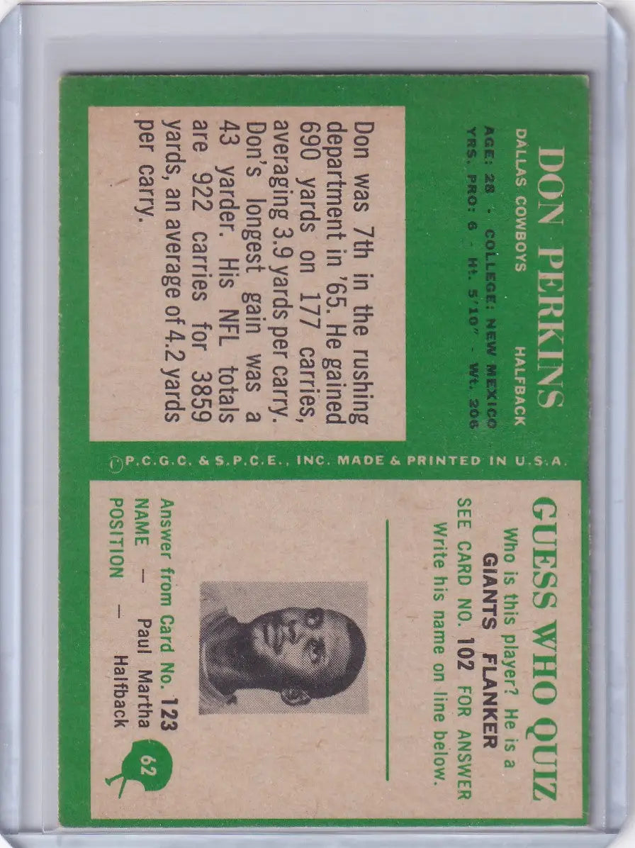 Vintage Philadelphia football card featuring Don Perkins of the Dallas Cowboys from 1966