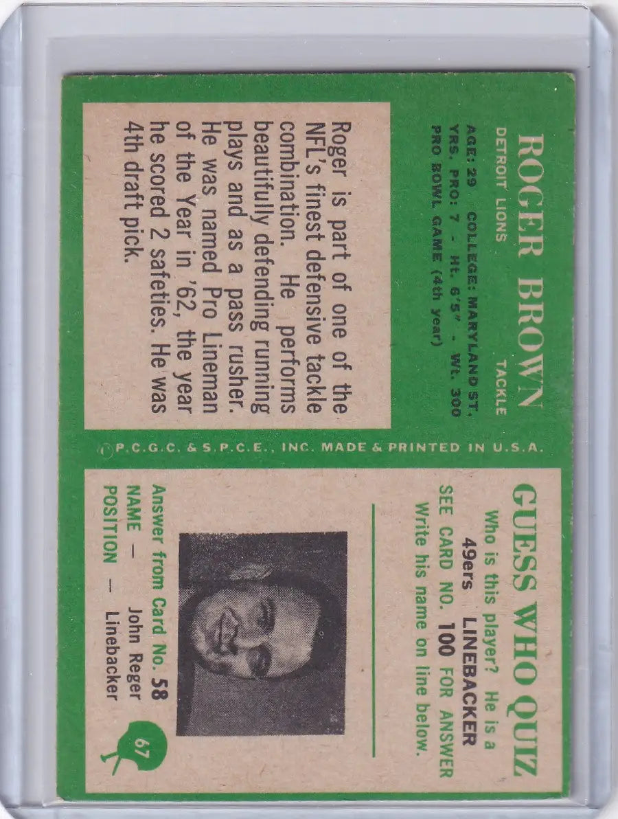 Vintage Roger Brown Philadelphia Football card featuring Detroit Lions player from 1966
