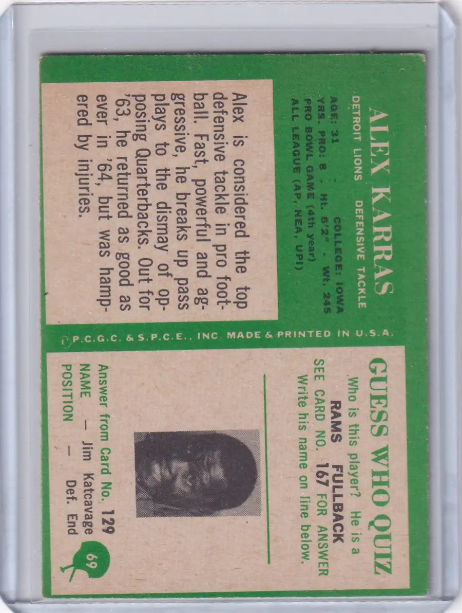 1966 Philadelphia Football #69 Alex Karras - Detroit Lions - Football Card Single