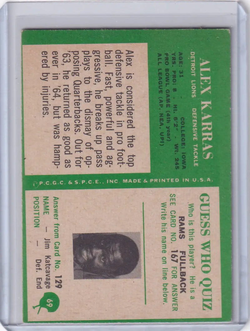 1966 Philadelphia Football #69 Alex Karras - Detroit Lions - Football Card Single