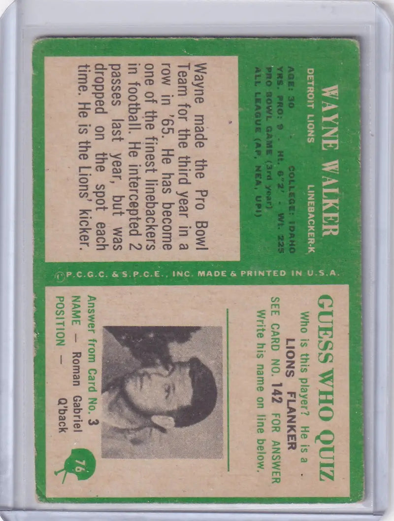 Vintage Philadelphia Football card featuring Wayne Walker of the Detroit Lions from 1966