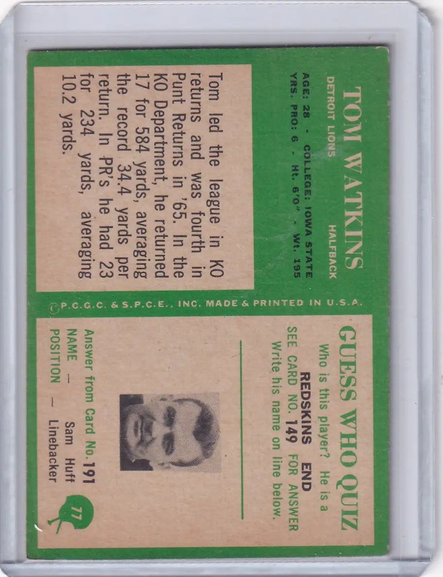 1966 Philadelphia Football #77 Tom Watkins - Detroit Lions