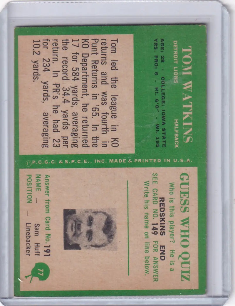 1966 Philadelphia Football #77 Tom Watkins - Detroit Lions
