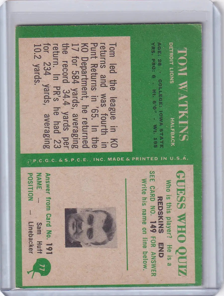 1966 Philadelphia Football #77 Tom Watkins - Detroit Lions