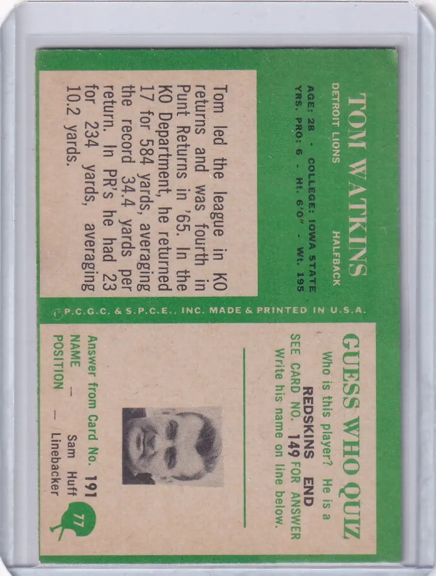 1966 Philadelphia Football #77 Tom Watkins - Detroit Lions