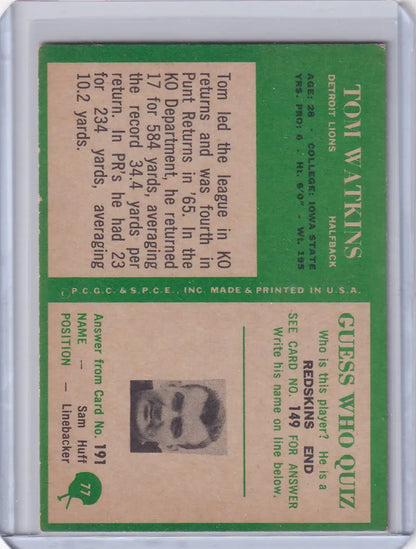 Vintage Philadelphia football card of Tom Watkins from the Detroit Lions 1966 Philadelphia Football collection