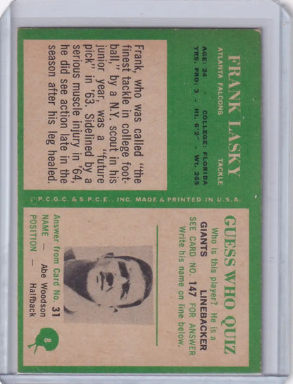 Vintage football card of Frank Lasky from the 1966 Philadelphia Football Atlanta Falcons series