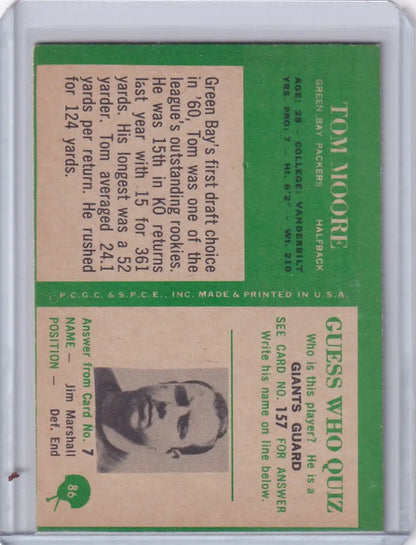Vintage Tom Moore football card from Philadelphia Football featuring Green Bay Packers player