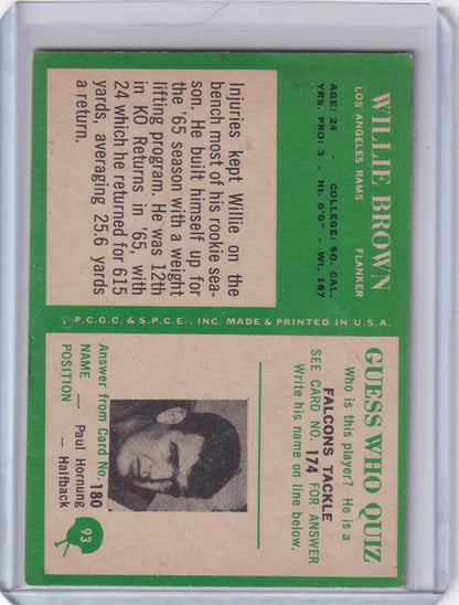 Vintage football card of Willie Brown from the 1966 Philadelphia Football series featuring Los Angeles Rams