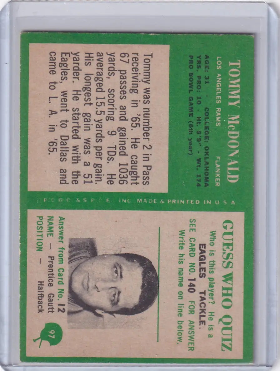 Vintage Tommy McDonald football card from 1966 Philadelphia Football featuring Los Angeles Rams